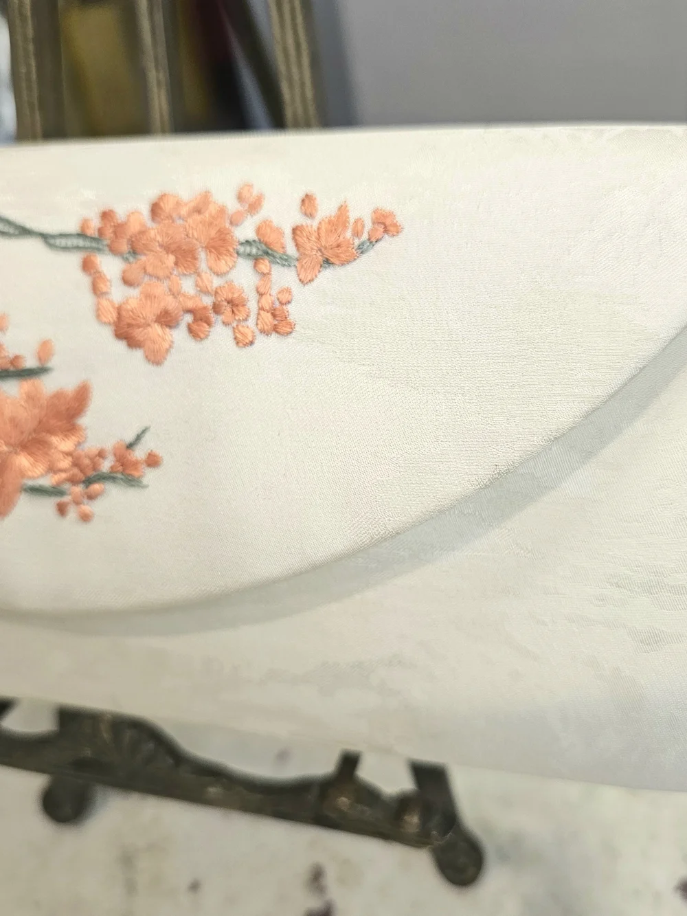 Vintage Ivory Brocade Clutch Purse Peach Floral Embroidery Evening Bridal